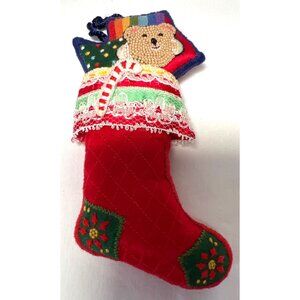 Handmade Hallmark Embroidered Christmas Stocking Ornament With Bear & Candy Cane